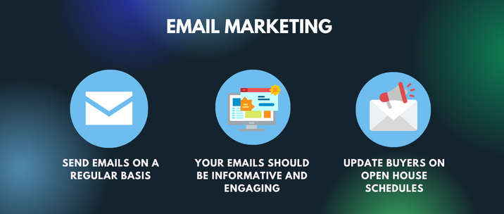 email marketing. send emails on a regular basis, your emails should be informative and engaging, update buyers on open house schedules 