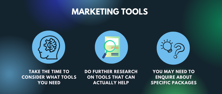 marketing tools. take the time to consider what tools you need, do further research on tools that can actually help, you may need to enquire about specific packages 
