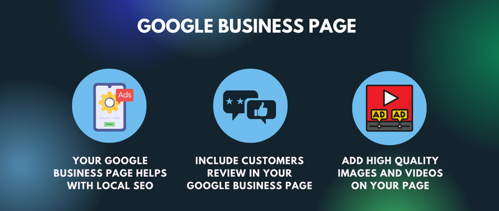 google business page. your google business page helps with local seo, include customers review in your google business page, add high quality images and videos on your own page
