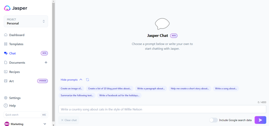 Jasper Chat's interface