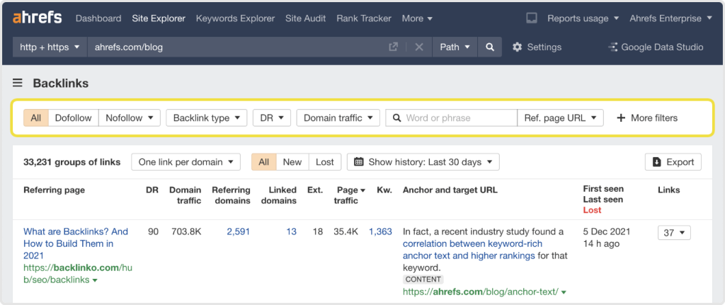 backlinks section of ahrefs